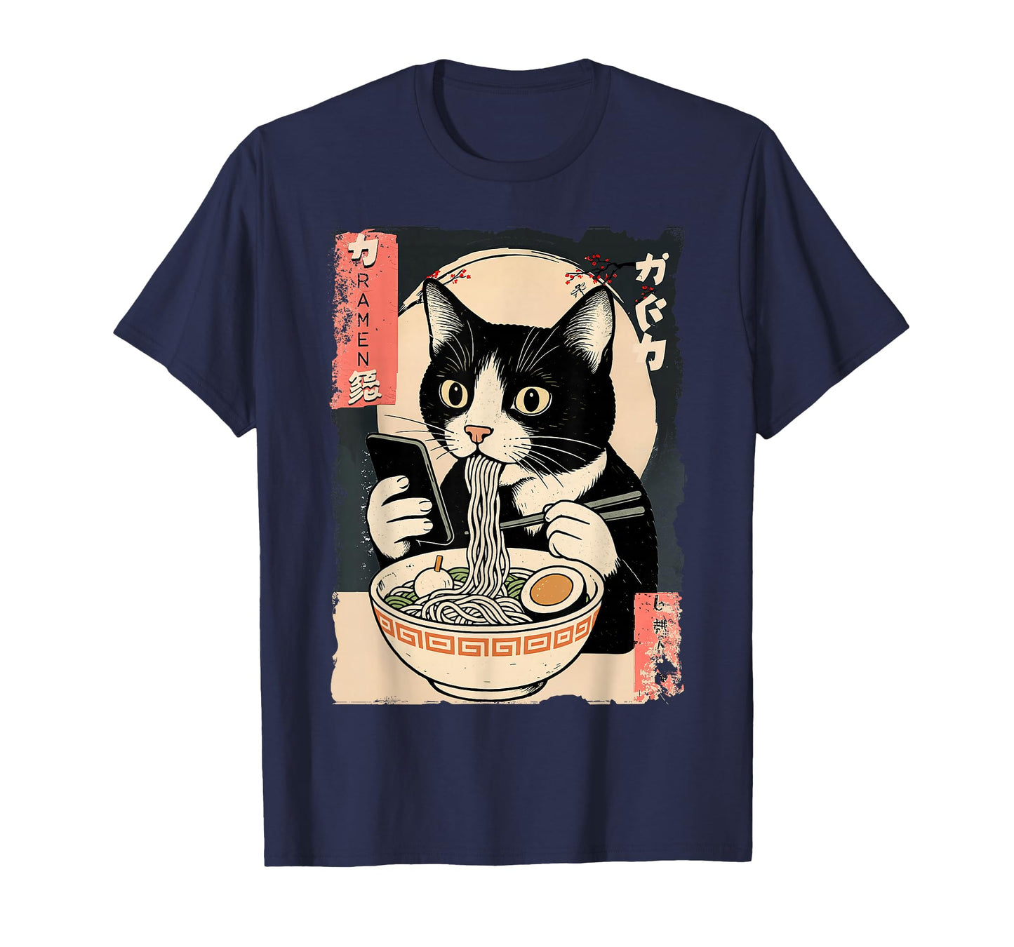Funny Cat Eating Ramen and Scroll Phone Anime Japanese T-Shirt