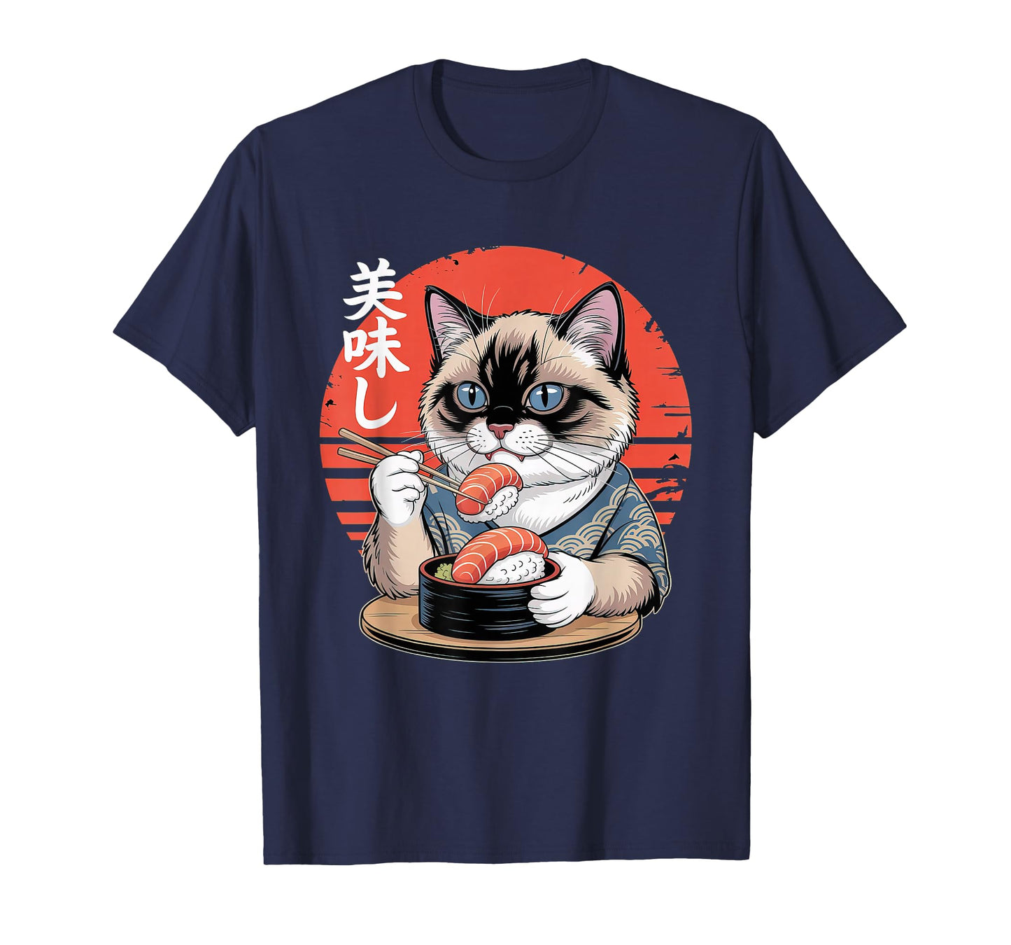 Japanese Siamese Cat Eating Sushi Kawaii Anime Cat T-Shirt