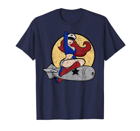 THE SALTY VETERAN WW2 Death From Above Bomber Pinup Patch Distressed Black Cotton/Polyester T-Shirt