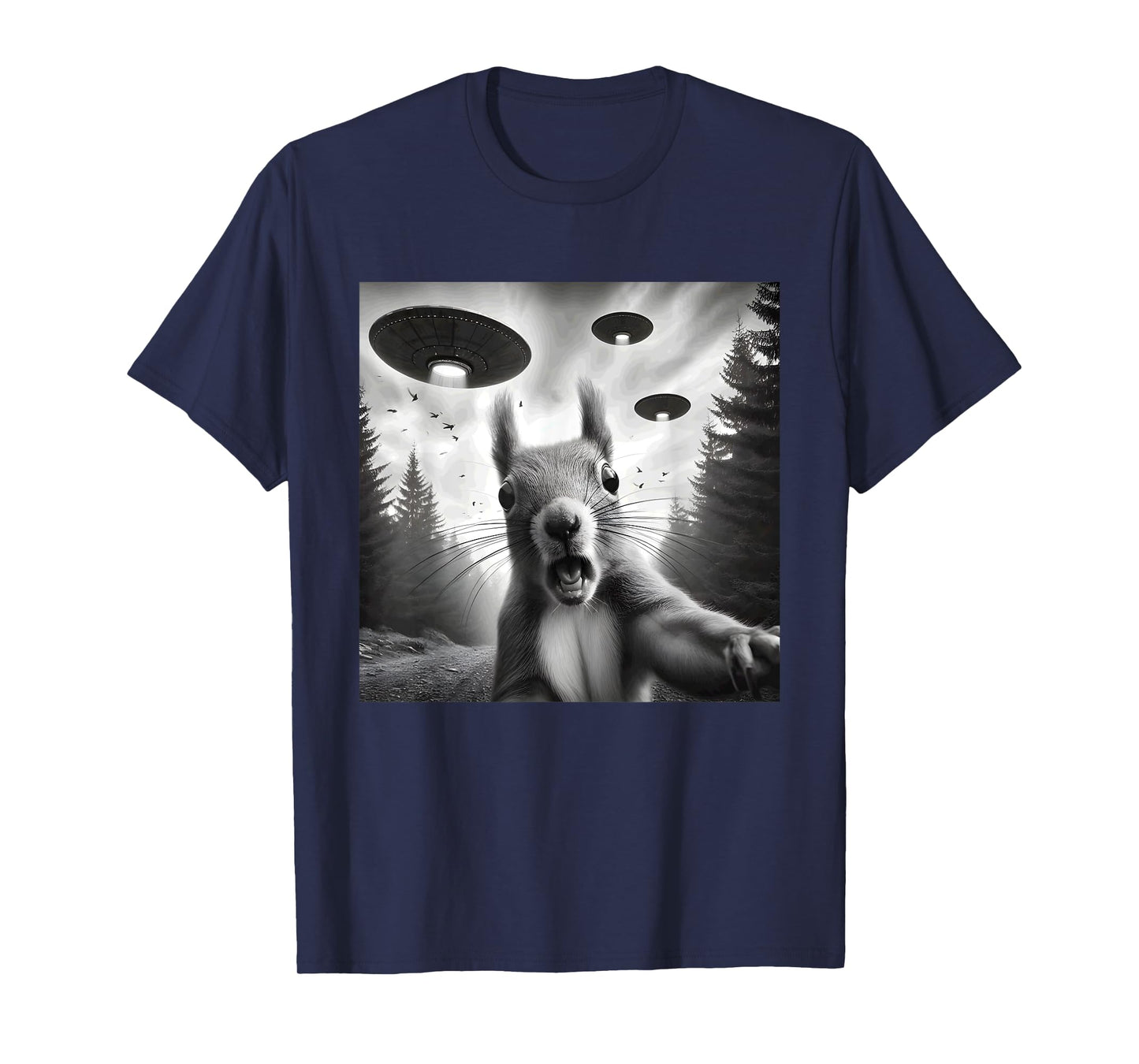 Squirrel Sci-Fi Funny Graphic Selfie with UFOs Weird Aliens T-Shirt