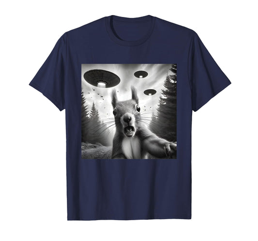 Squirrel Sci-Fi Funny Graphic Selfie with UFOs Weird Aliens T-Shirt