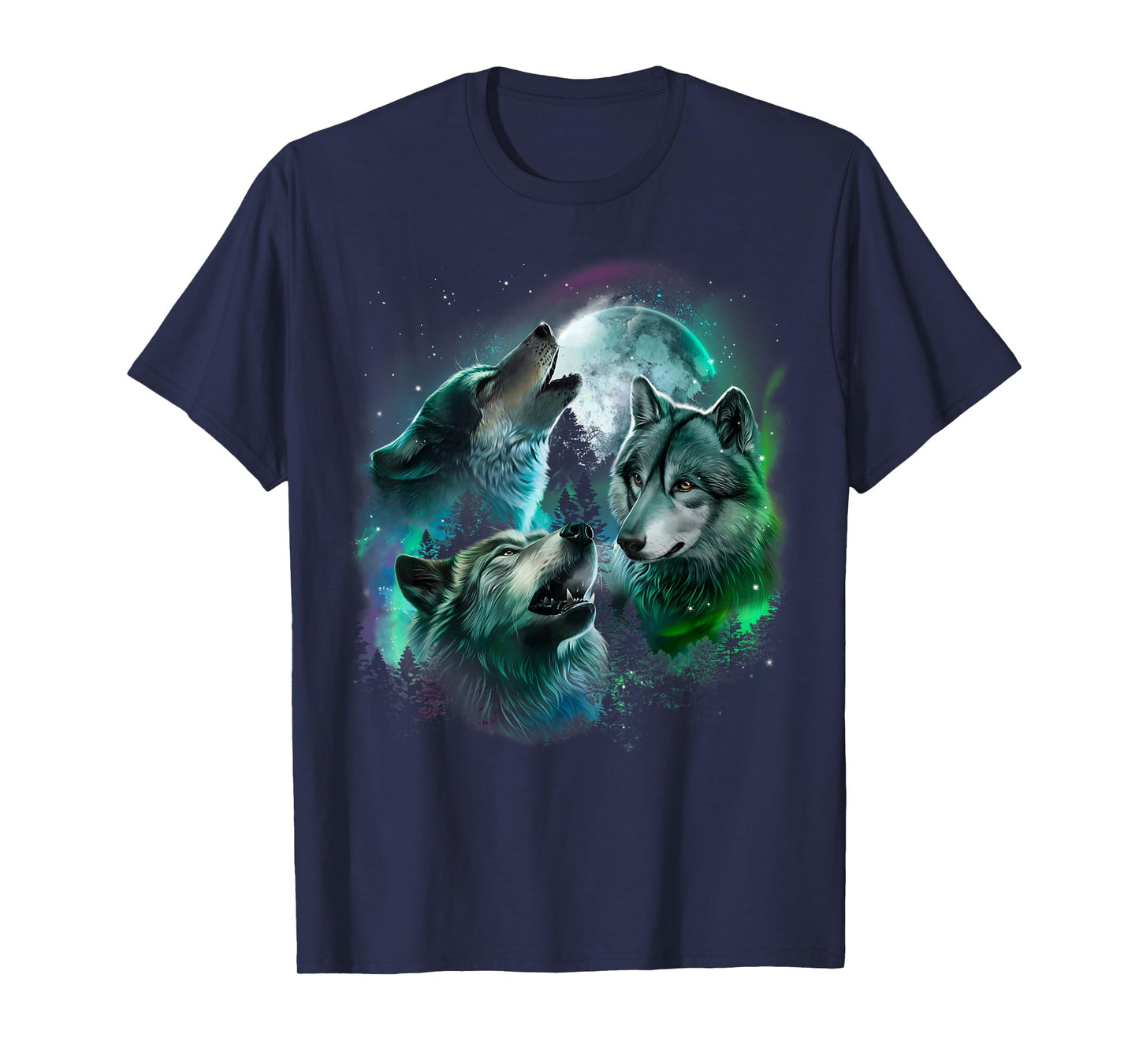 Grey Wolf Hunting in the Forest under Full Moon and Aurora T-Shirt