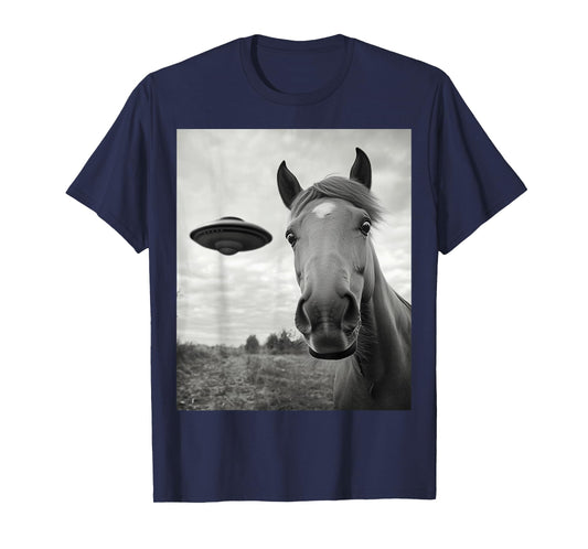 Funny Horse Selfie With Alien UFO Funny UFO Horse T-Shirt