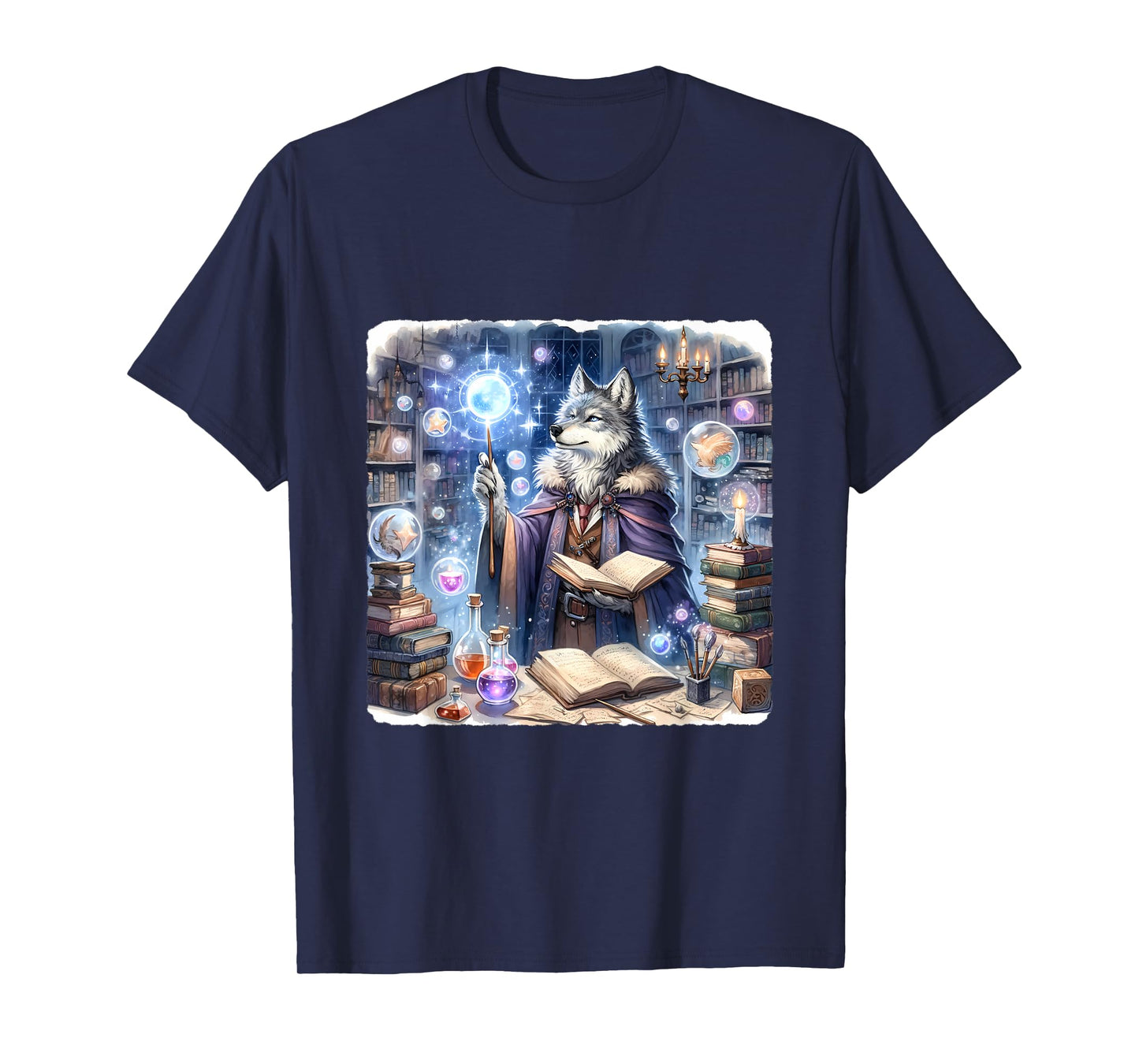 Wolf Wizard Casting Spells With Luminous Wand. Books Potions T-Shirt