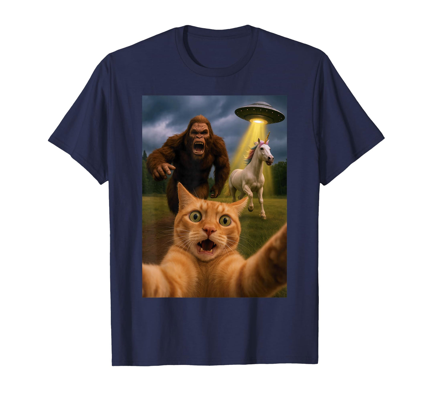Funny Graphic Tee Cat Selfie with Bigfoot Unicorn Alien UFO T-Shirt