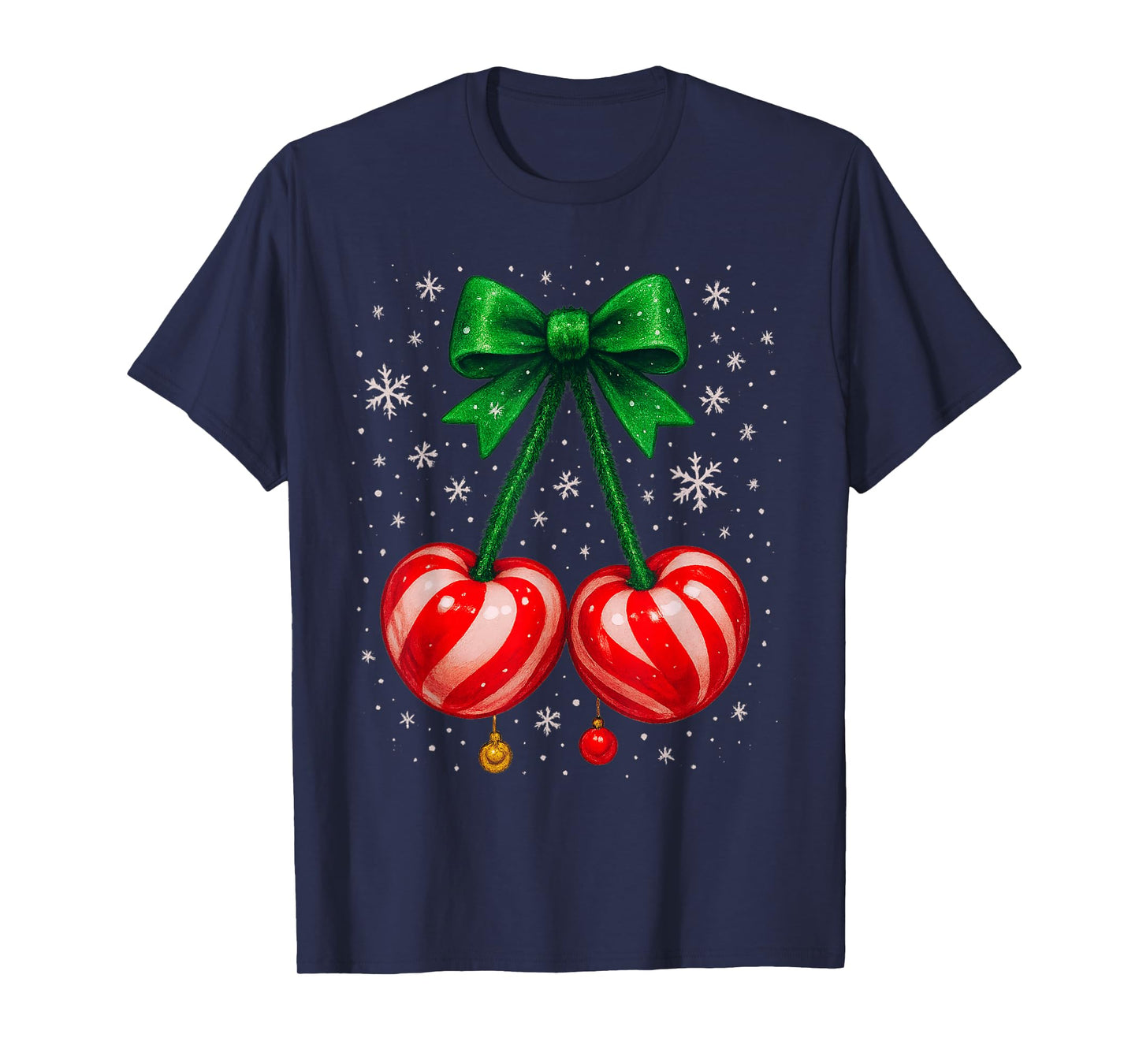 Candycane Cherries with Snowflakes and Green Bow T-Shirt