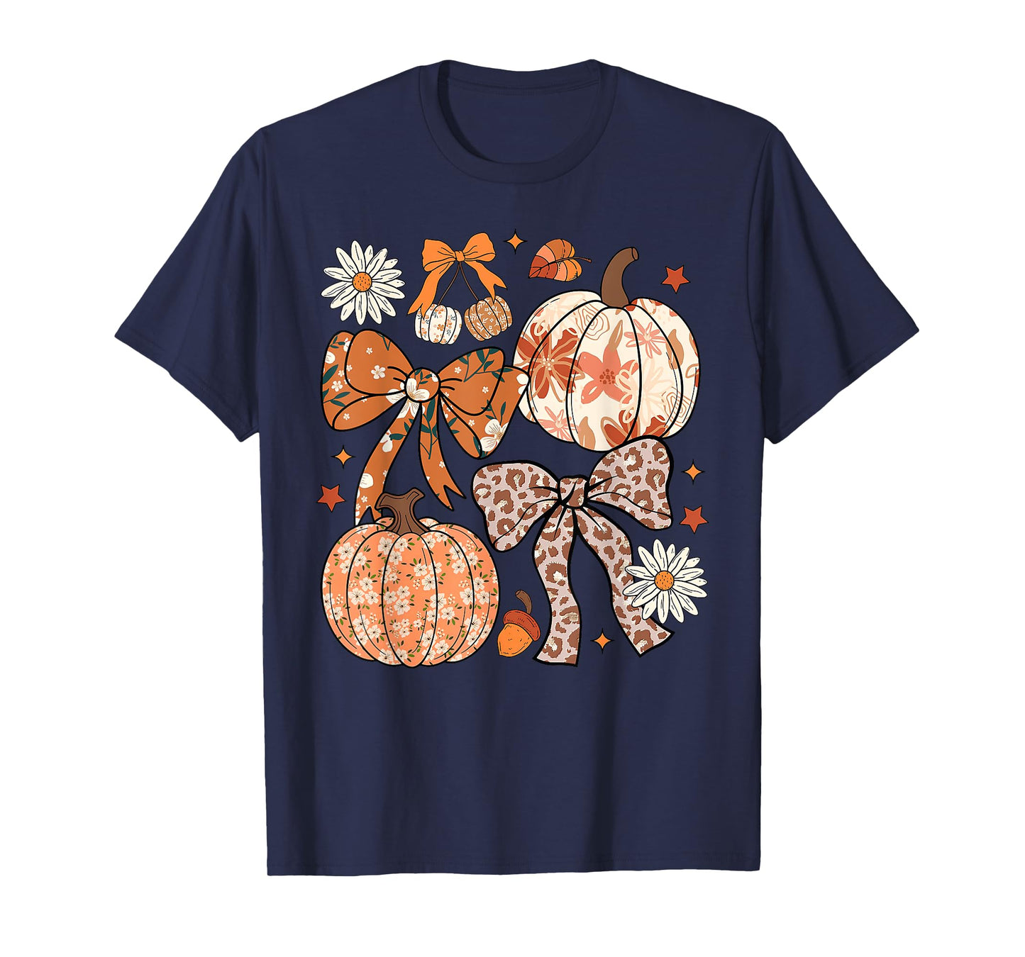Floral Fall Pumpkin Floral Leopard Coquette Bow Thanksgiving T-Shirt