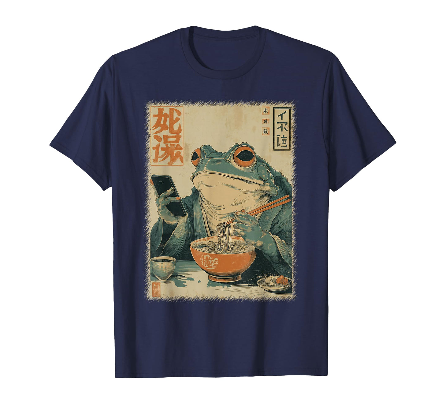 Funny Grumpy Frog Eat Ramen and Scroll Phone Japanese Art T-Shirt