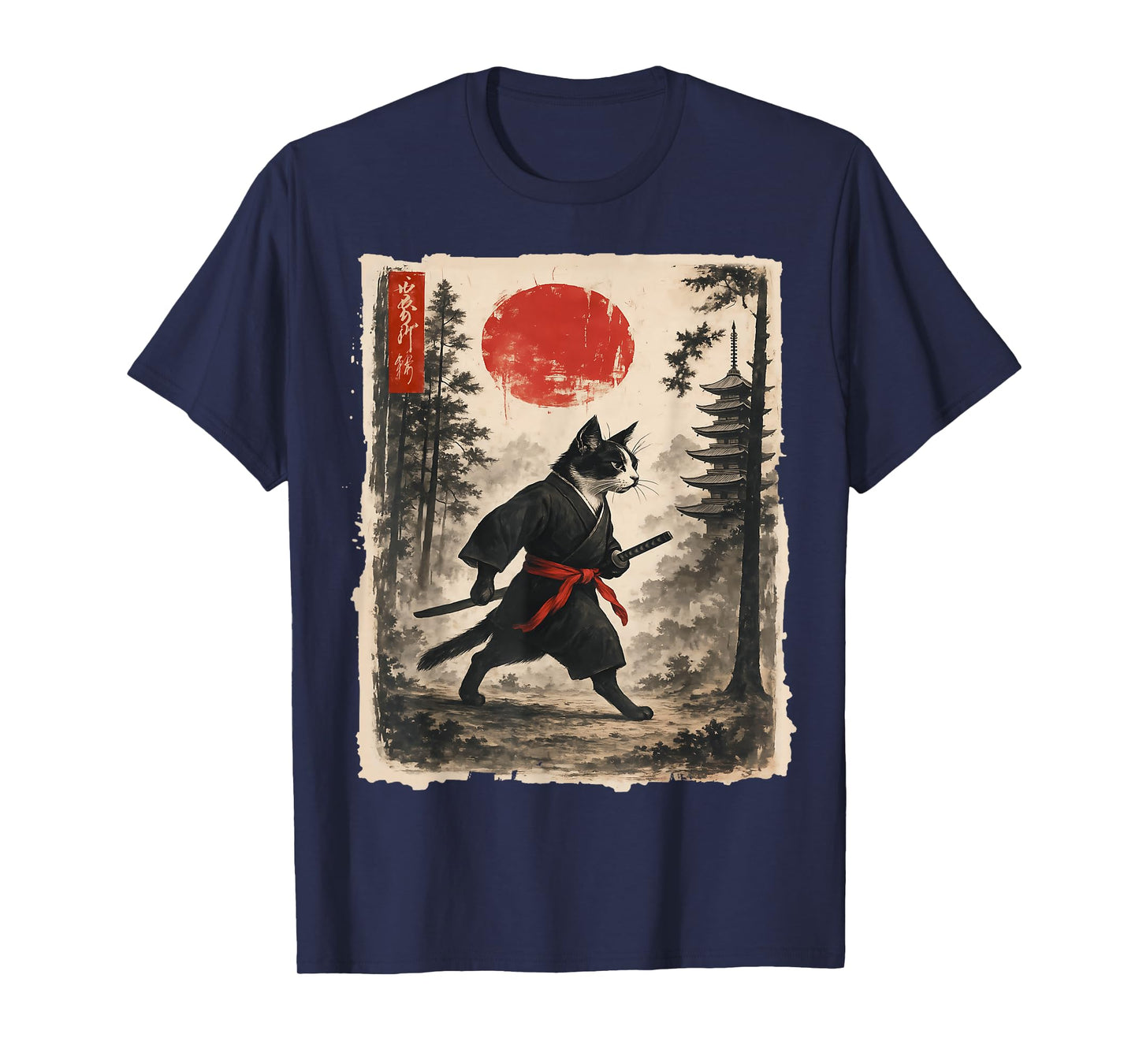 Samurai Cat Graphic Tee Warrior Vintage Japanese Art T-Shirt