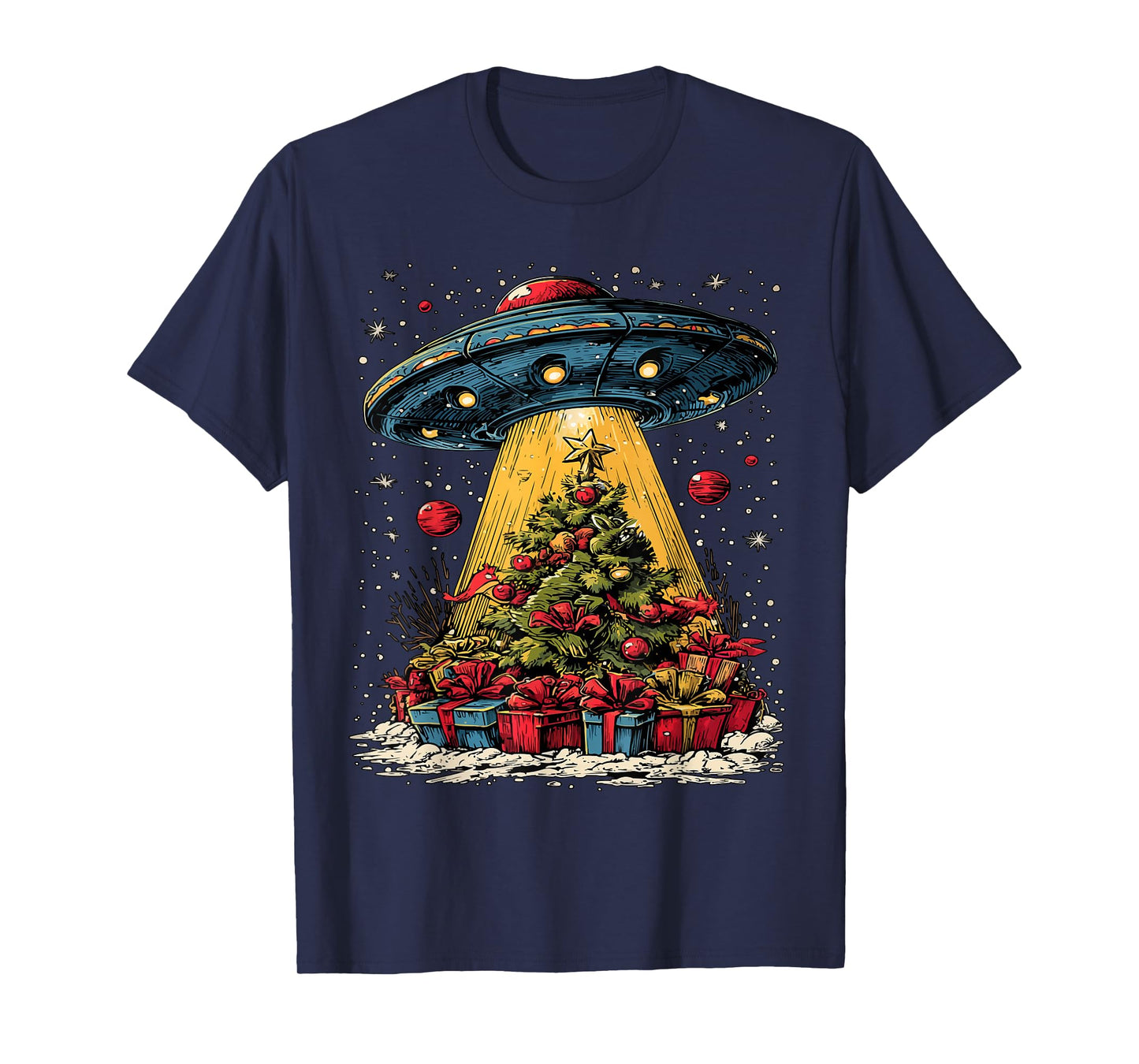 Funny Christmas Tree and UFO Snowflakes Alien Lovers Snowy T-Shirt