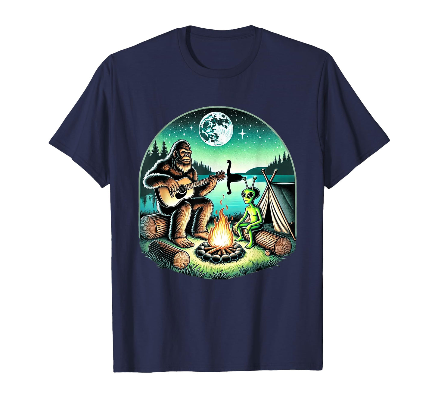 Alien and Bigfoot Loch Ness Campfire Sasquatch T-Shirt