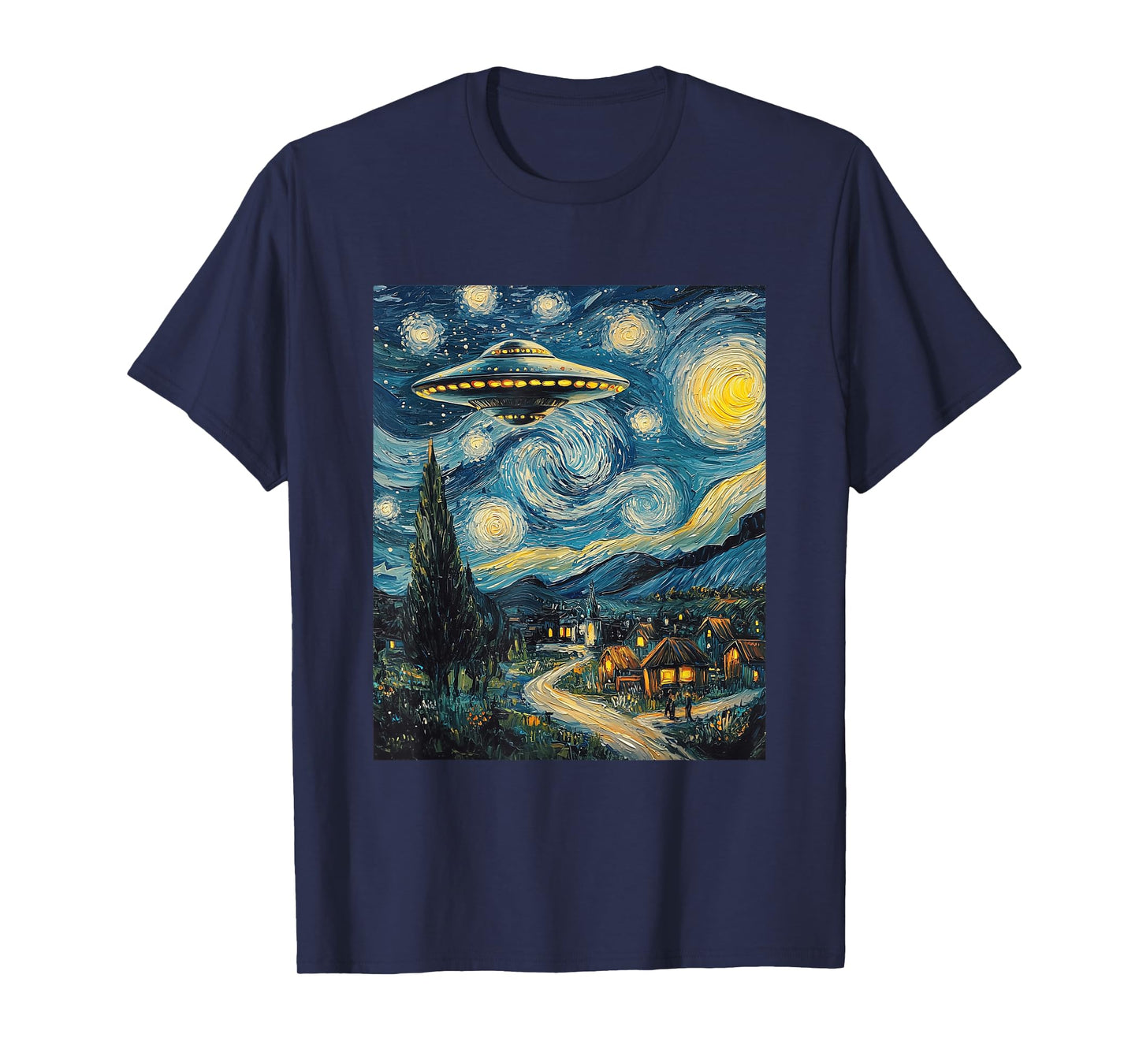 UFO Aliens Flying Saucer - Van Gogh Style - Starry Night T-Shirt