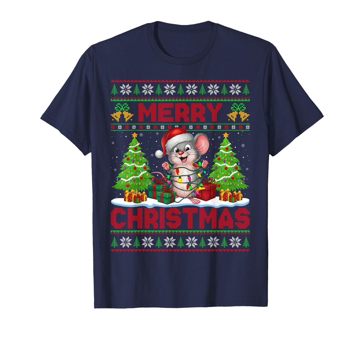 Rat Mouse Ugly Christmas Sweaters Funny Santa Lights Xmas T-Shirt