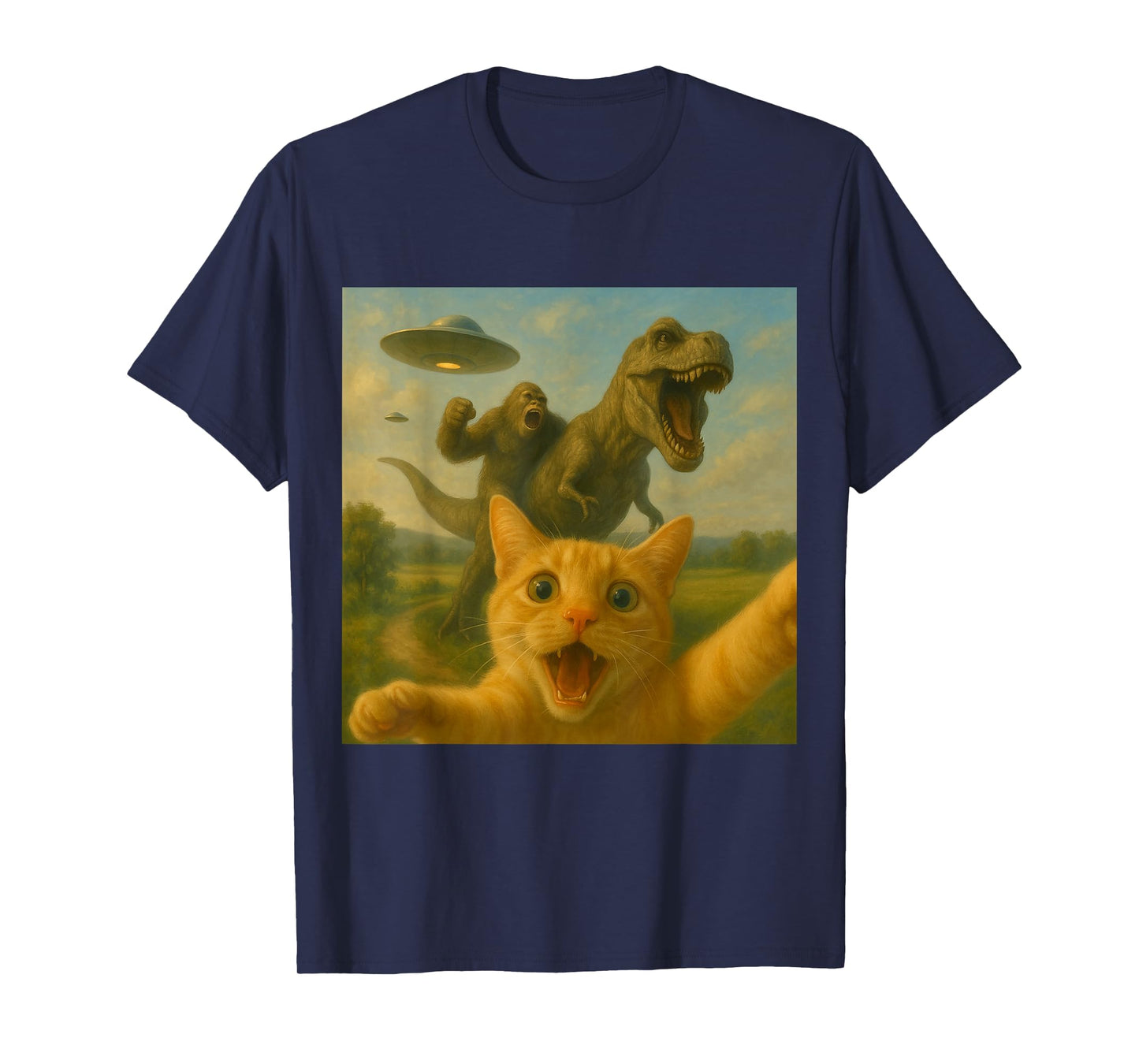 Funny Surprised Scared Cat Selfie T-Rex Dinosaur Bigfoot UFO T-Shirt