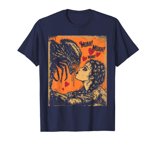 Goth Girl Kissing Creepy Spider Comic Panel Halloween Art T-Shirt