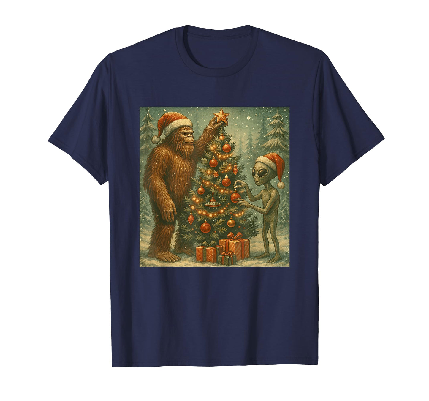 Alien and Bigfoot Decorating Christmas Tree Sasquatch Retro T-Shirt
