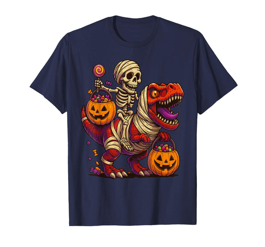 Skeleton Riding Mummy Dinosaur T rex Halloween Funny Pumpkin T-Shirt