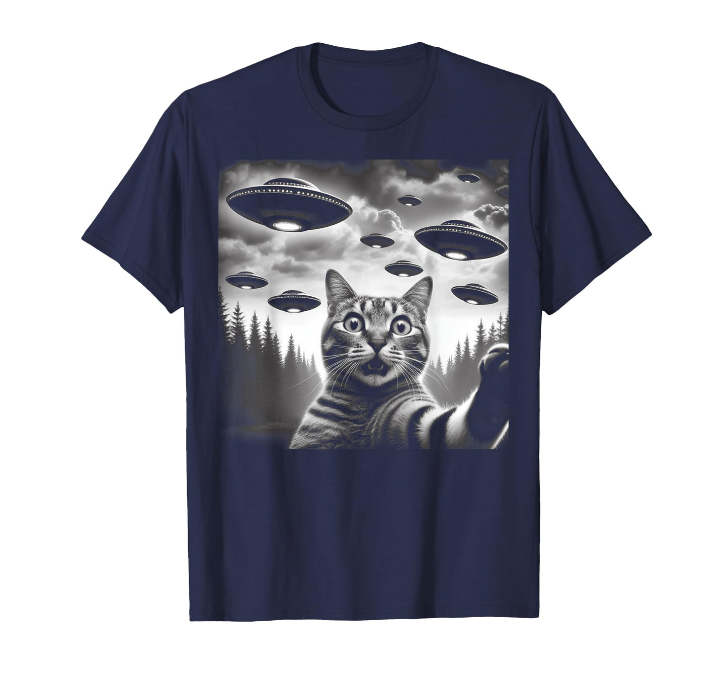 Funny Cat Selfie with UFOs T-Shirt for Men Women Kids