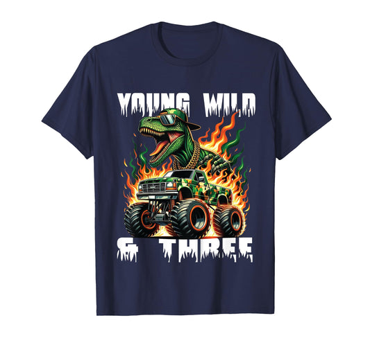 Kids Kids 3rd Birthday Monster Truck Young Wild and Three 3 Year T-Shirt