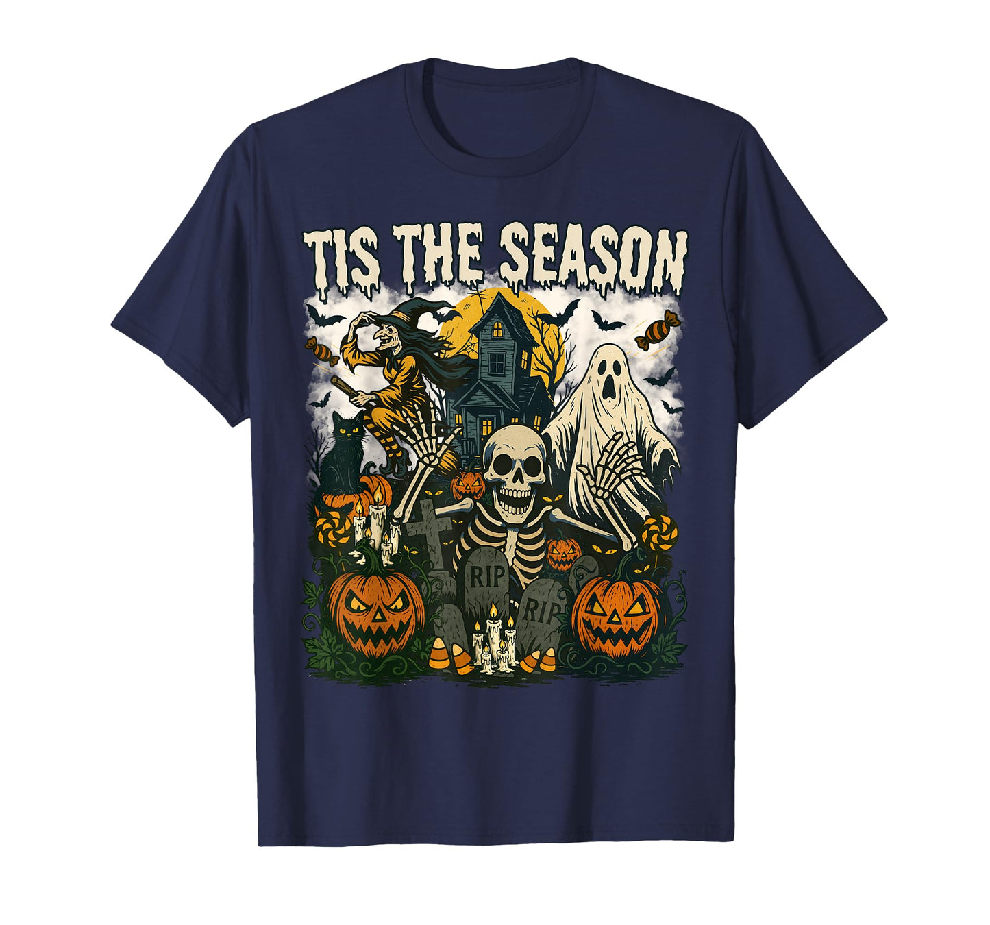 Vintage Tis The Season Halloween Skeleton Ghost Vibes Retro T-Shirt