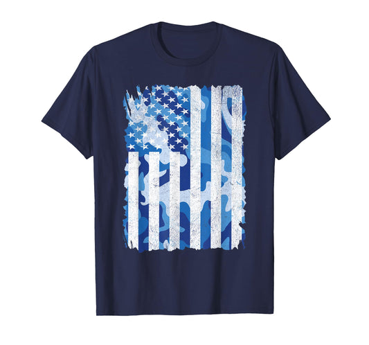 Blue Camo American Flag USA Camouflage Men Boys Youth Kids T-Shirt