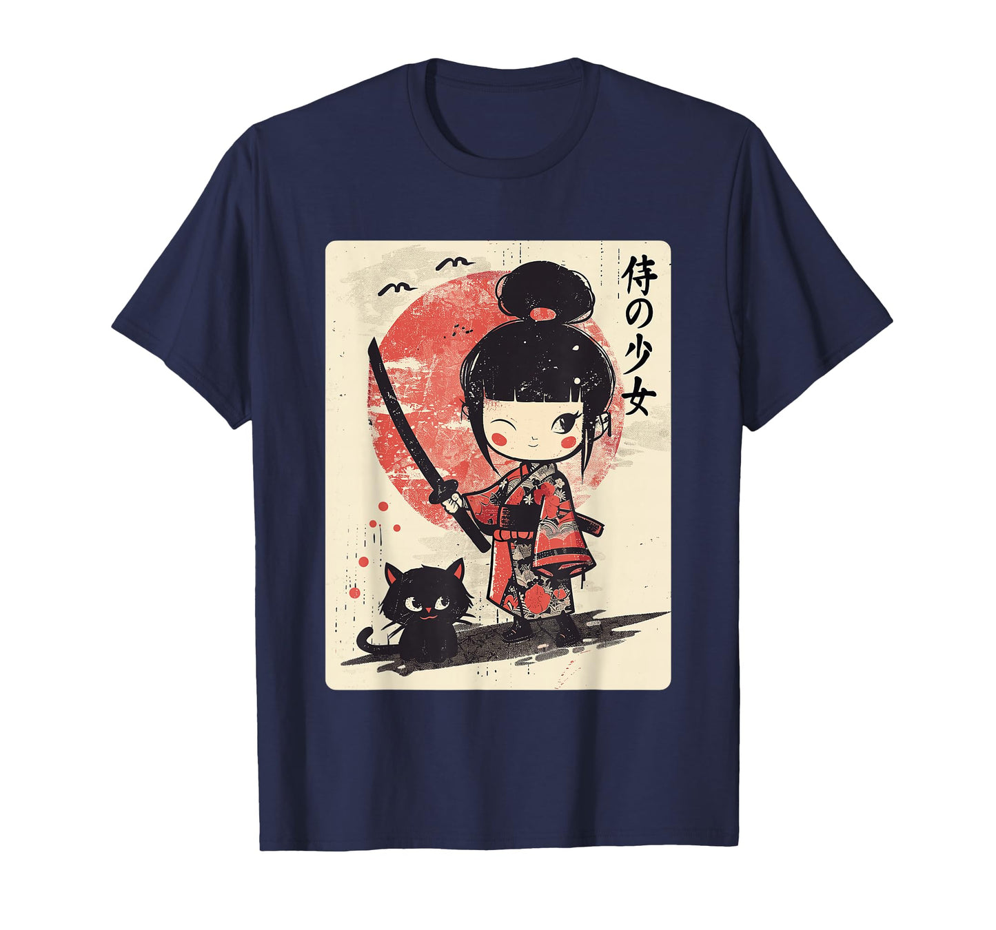 Cute Kawaii Samurai Girl with Katana & Cat Japanese Anime T-Shirt