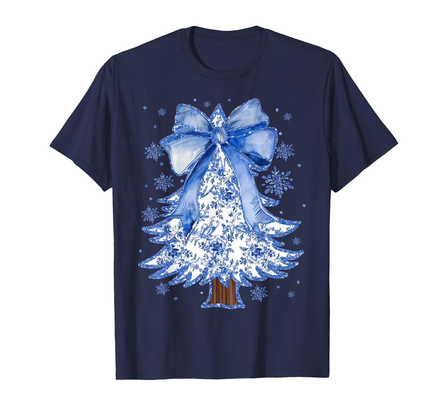 Women Christmas Tree Chinoiserie Blue Floral Coquette Bow T-Shirt