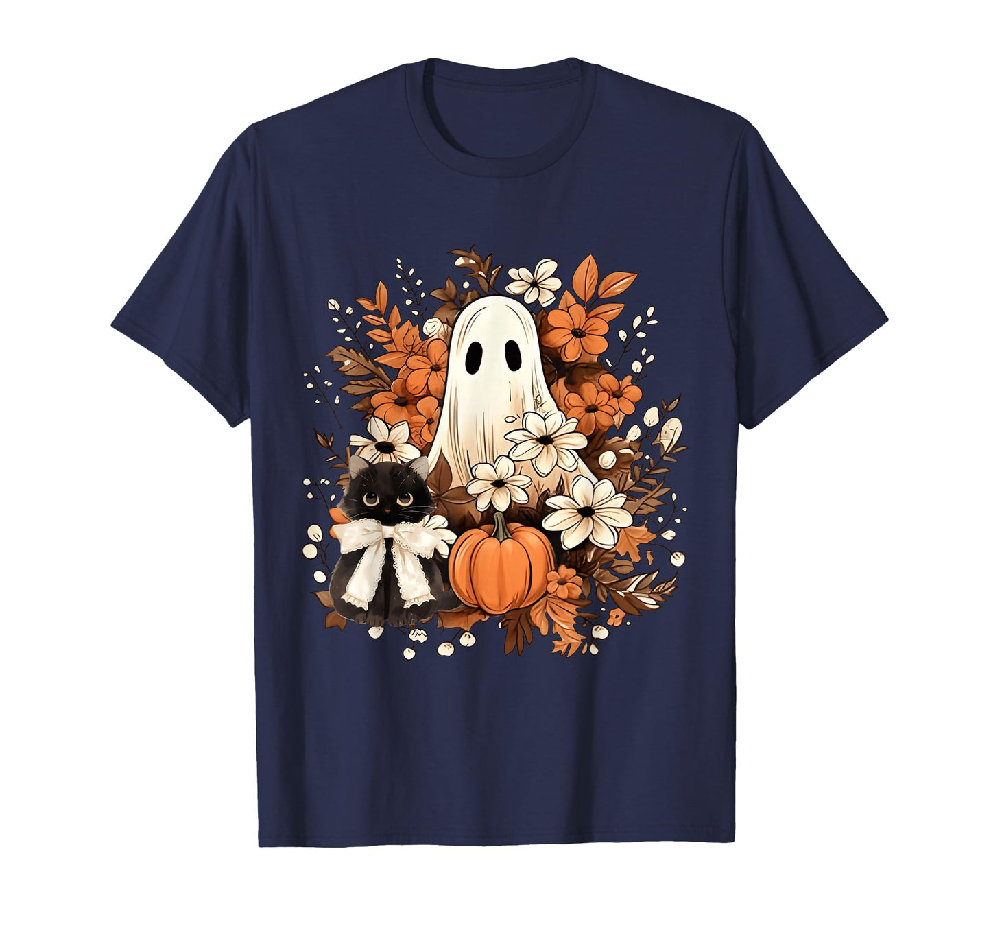 Vintage Halloween Ghost Holding Black Cat Groovy Floral Fall T-Shirt