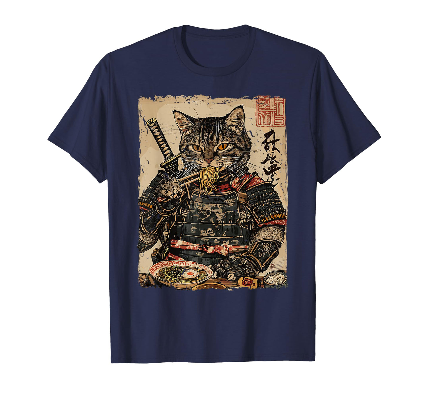 Samurai Cat Loves Ramen Funny Anime Japanese Artwork Samurai T-Shirt