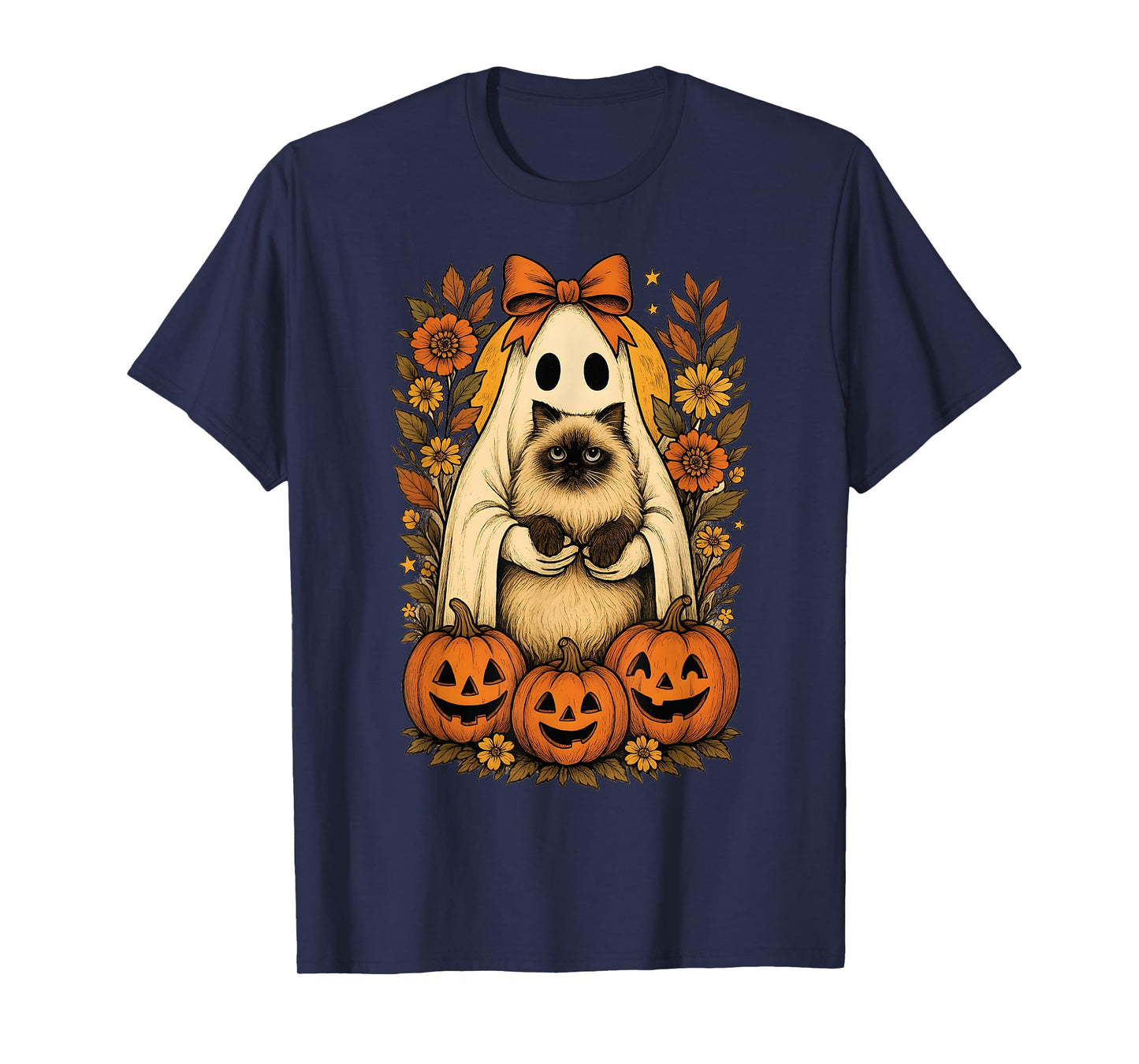 Vintage Ghost Holding Himalayan Cat with Pumpkins Halloween T-Shirt