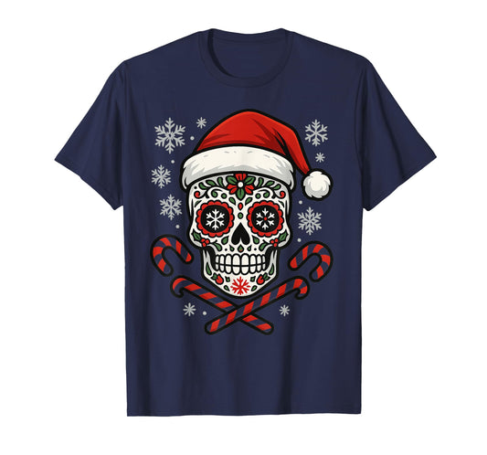 Christmas Sugar Calavera Skull Santa Hat Candy Cane Funny T-Shirt