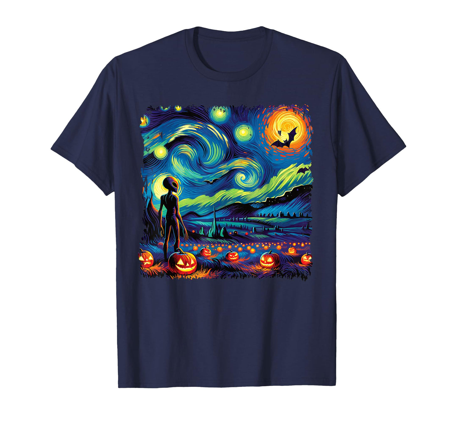 Van Gogh Starry Night Alien Man Halloween Fall Pumpkin Bats T-Shirt