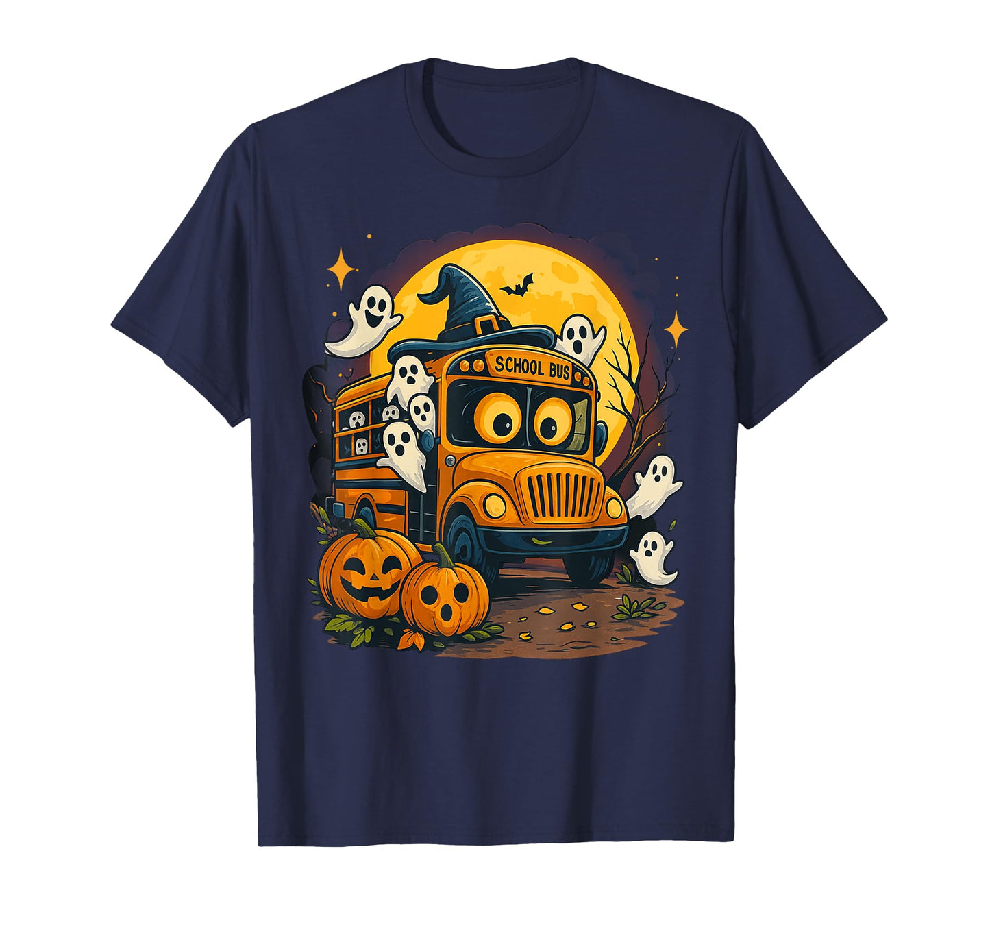 Halloween School Bus with Witch Hat and Pumpkins Spooky T-Shirt