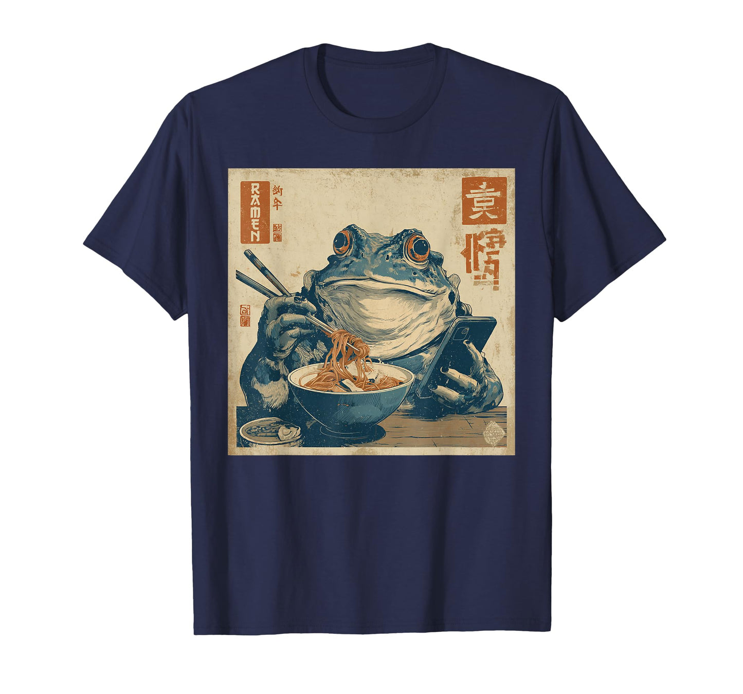 Funny Grumpy Frog Eat Ramen and Scroll Phone Japanese Art T-Shirt