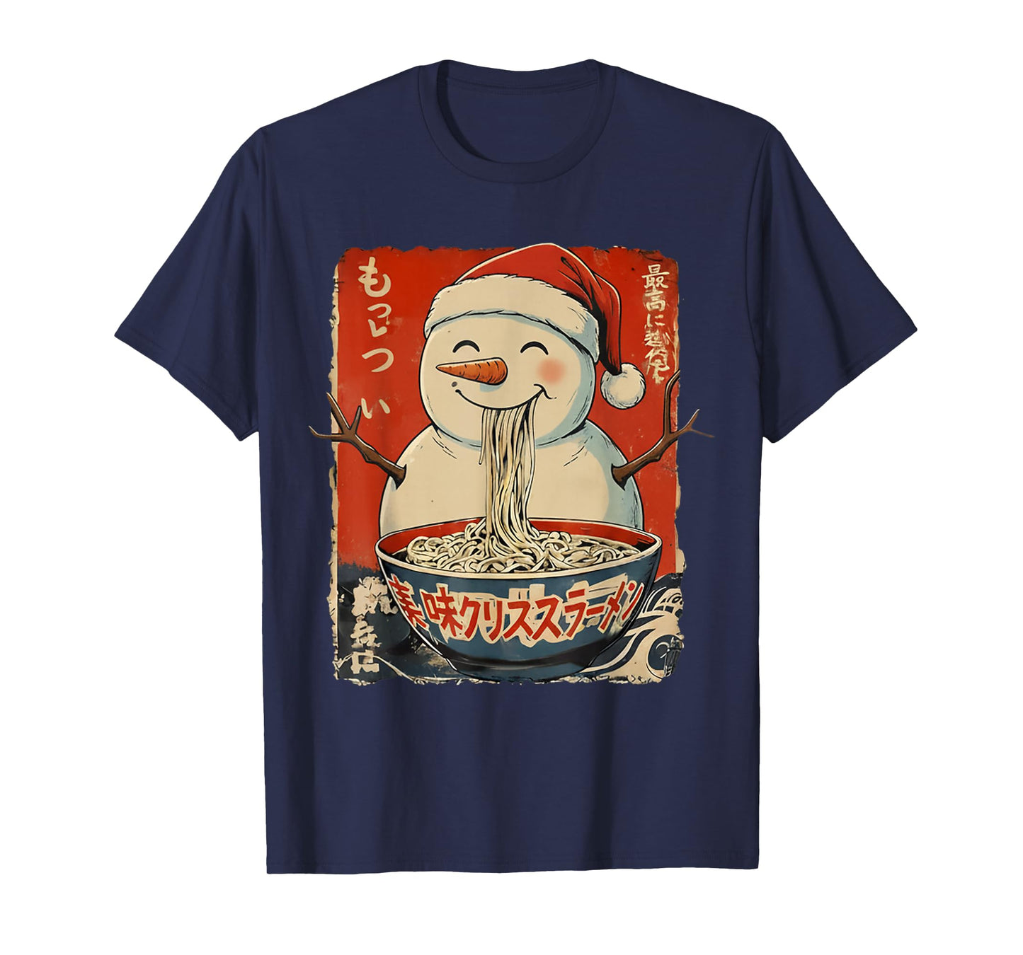 Snowman Eating Ramen Noodles Ukiyo-e Inspired Christmas T-Shirt