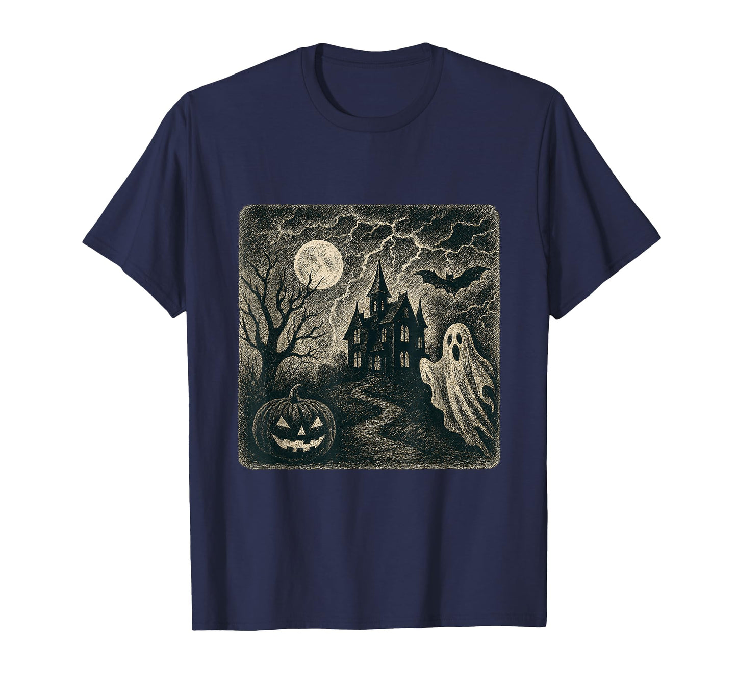 Haunted House Vintage Ghost Moon Halloween Scene T-Shirt