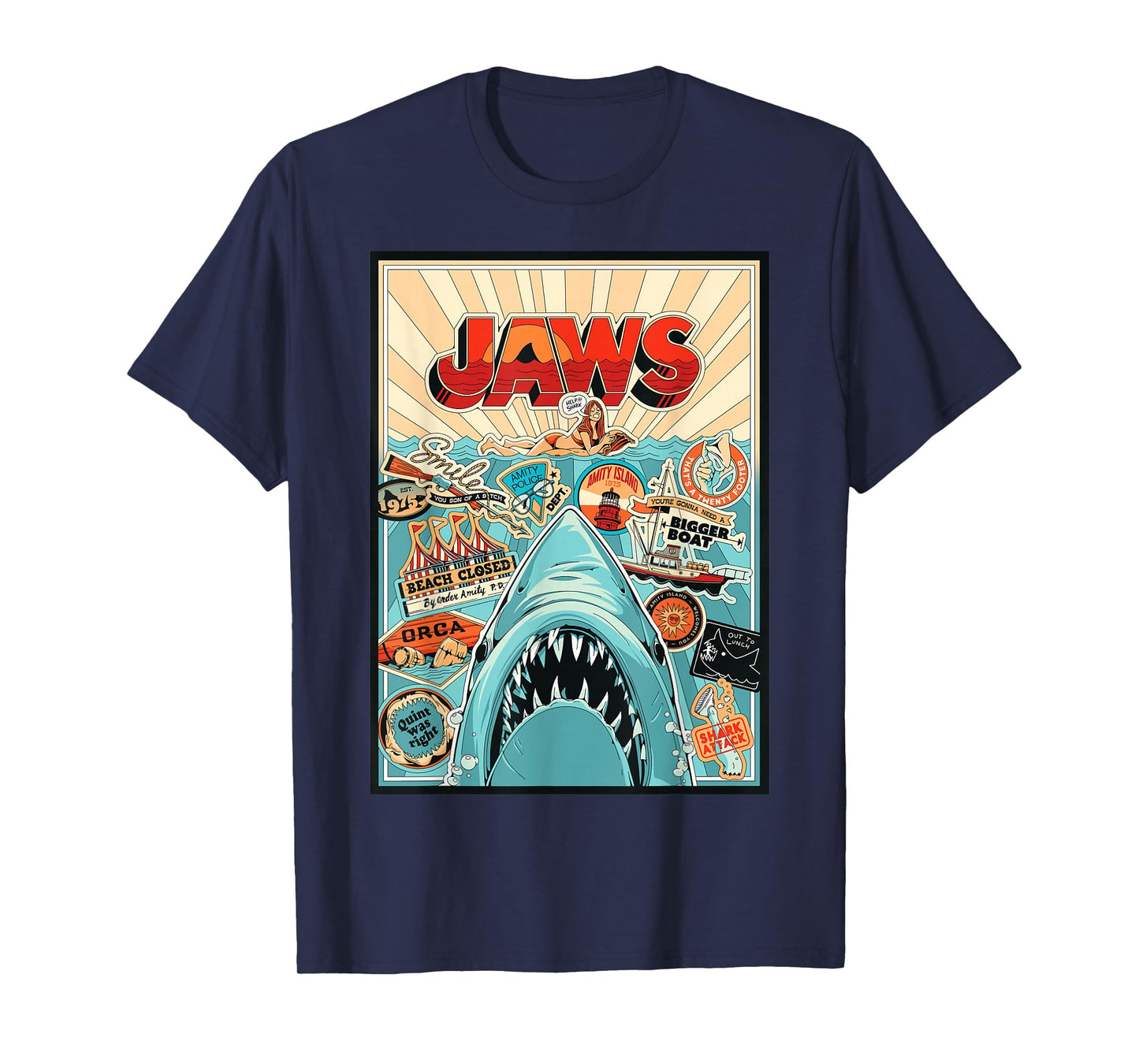 Jaws 50th Anniversary Poster Amity Sticker Collage 2-Sided T-Shirt