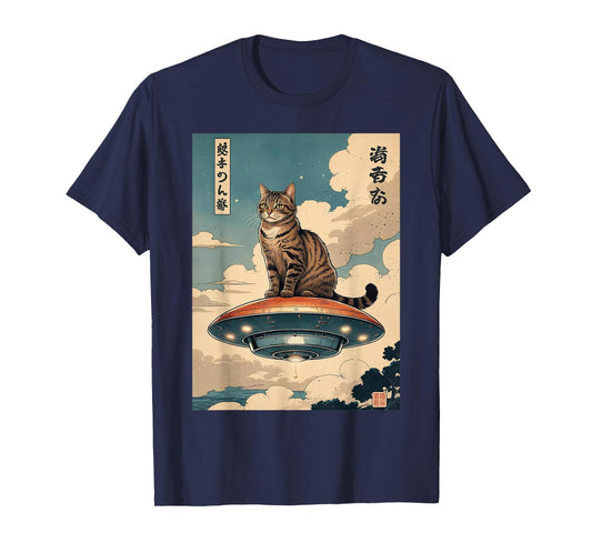 Cat Sitting on UFO Surreal Scene Tee, Cute Cat and UFO Funny T-Shirt