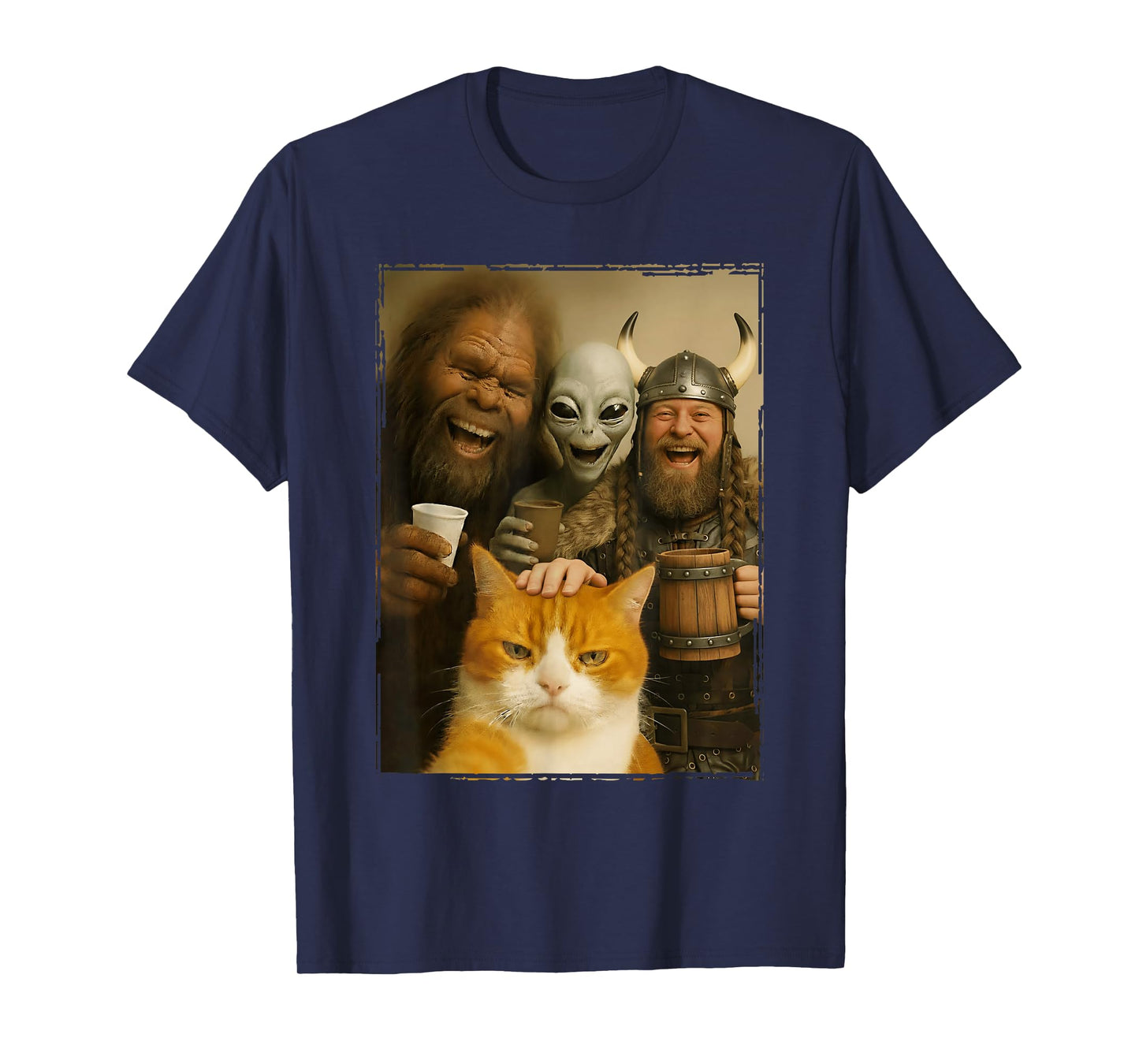 Cat Selfie with Bigfoot, Alien & Viking | Funny Cat T-Shirt