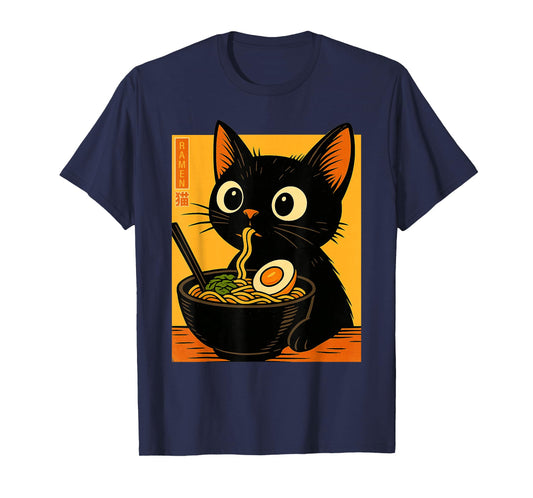 Anime Cat Ramen Japanese Funny Graphic Tees Kawaii Cat Lover T-Shirt