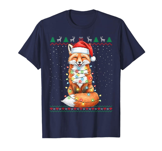 Cute Fox Christmas Lights Santa Hat Ugly Sweater T-Shirt