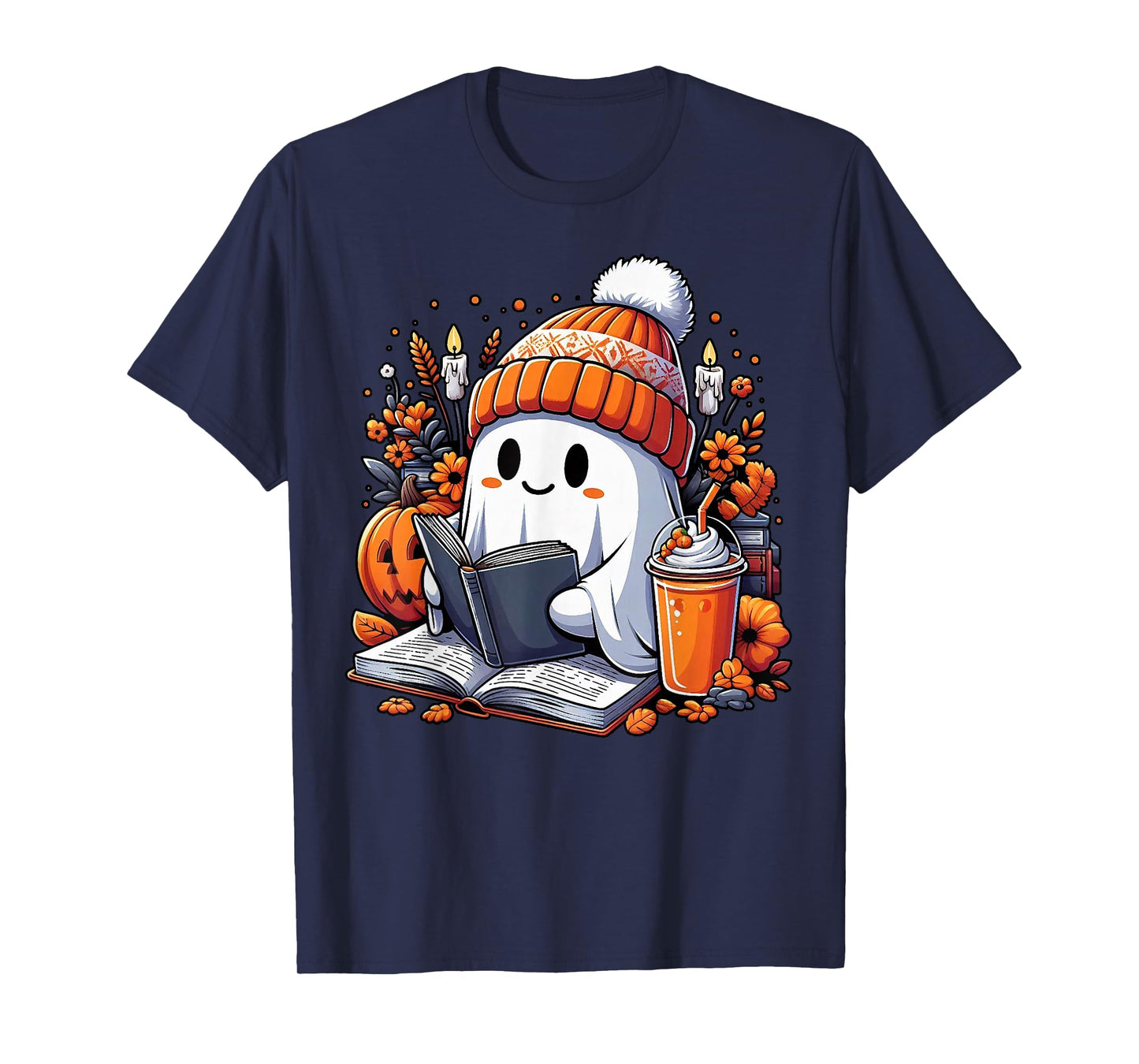 Ghost Drinking Coffee Book Reading Halloween Pumpkin Flower T-Shirt