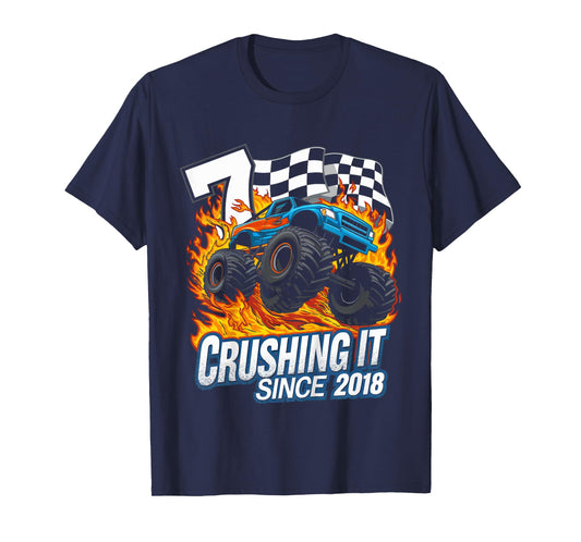 Kids Birthday 7 Years Old Boys Monster Truck Born 2018 7th Party T-Shirt