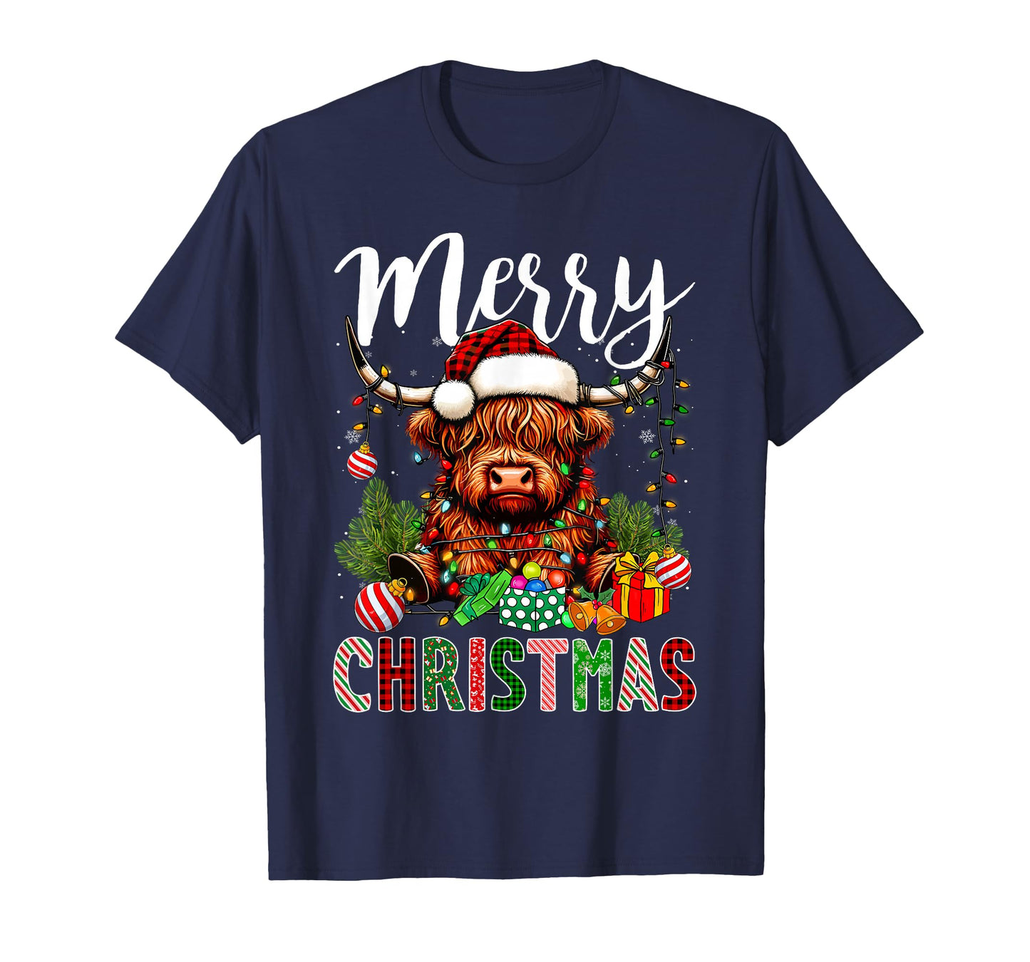 Merry Christmas Pajamas Highland Cow Christmas Tree Lights T-Shirt