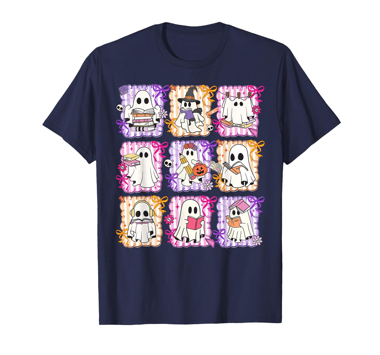 Preppy Ghost Reading Book Halloween Books Lover Teacher Kid T-Shirt