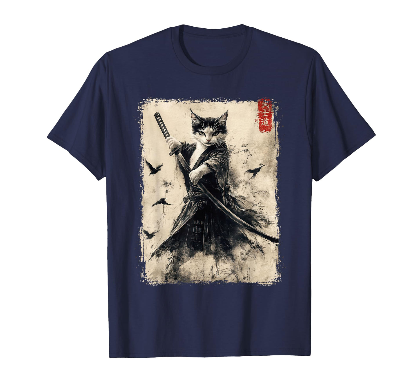 Samurai Cat Graphic Tee Warrior Vintage Japanese Art Anime T-Shirt