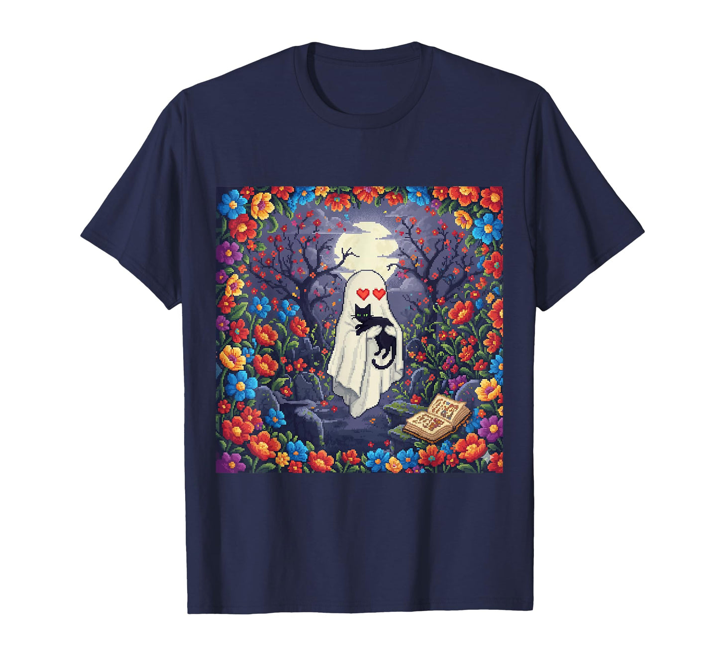 Funny Ghost with Heart Eyes Hug Black Cat in Flower Pixel T-Shirt