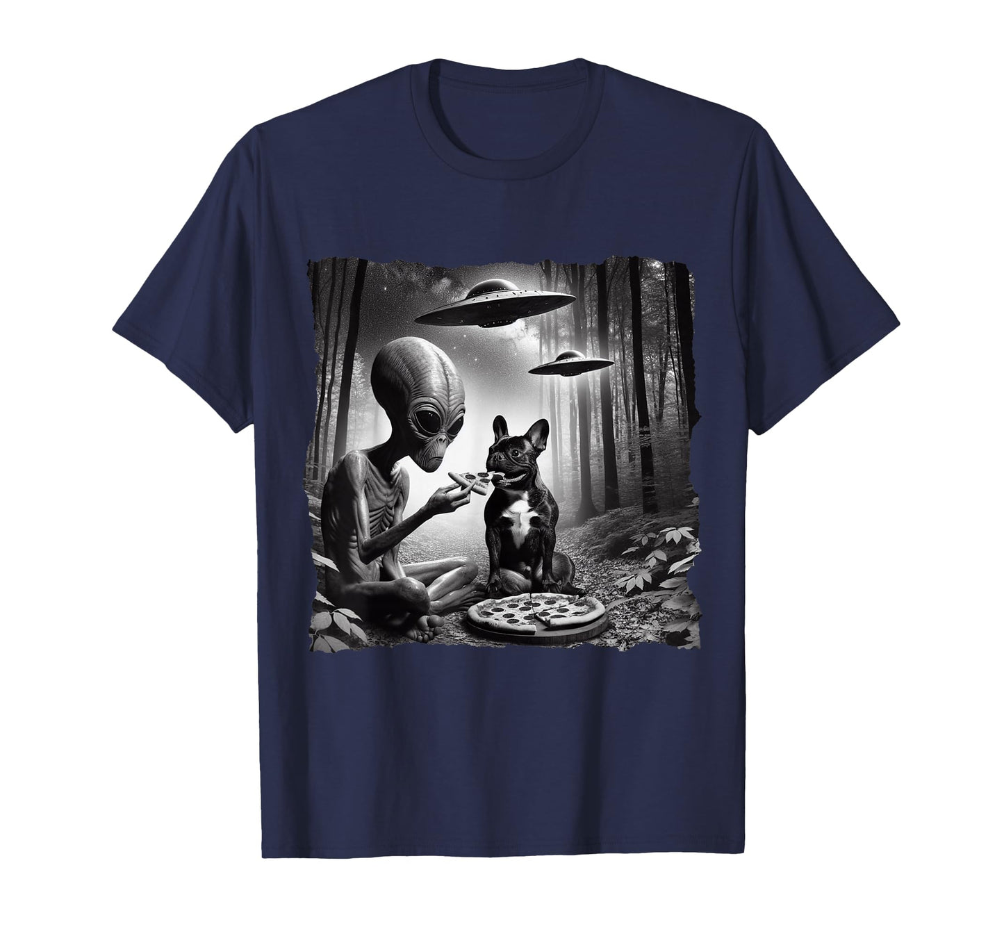 French Bulldog With Alien Eating Pizza. UFO French Bulldog T-Shirt