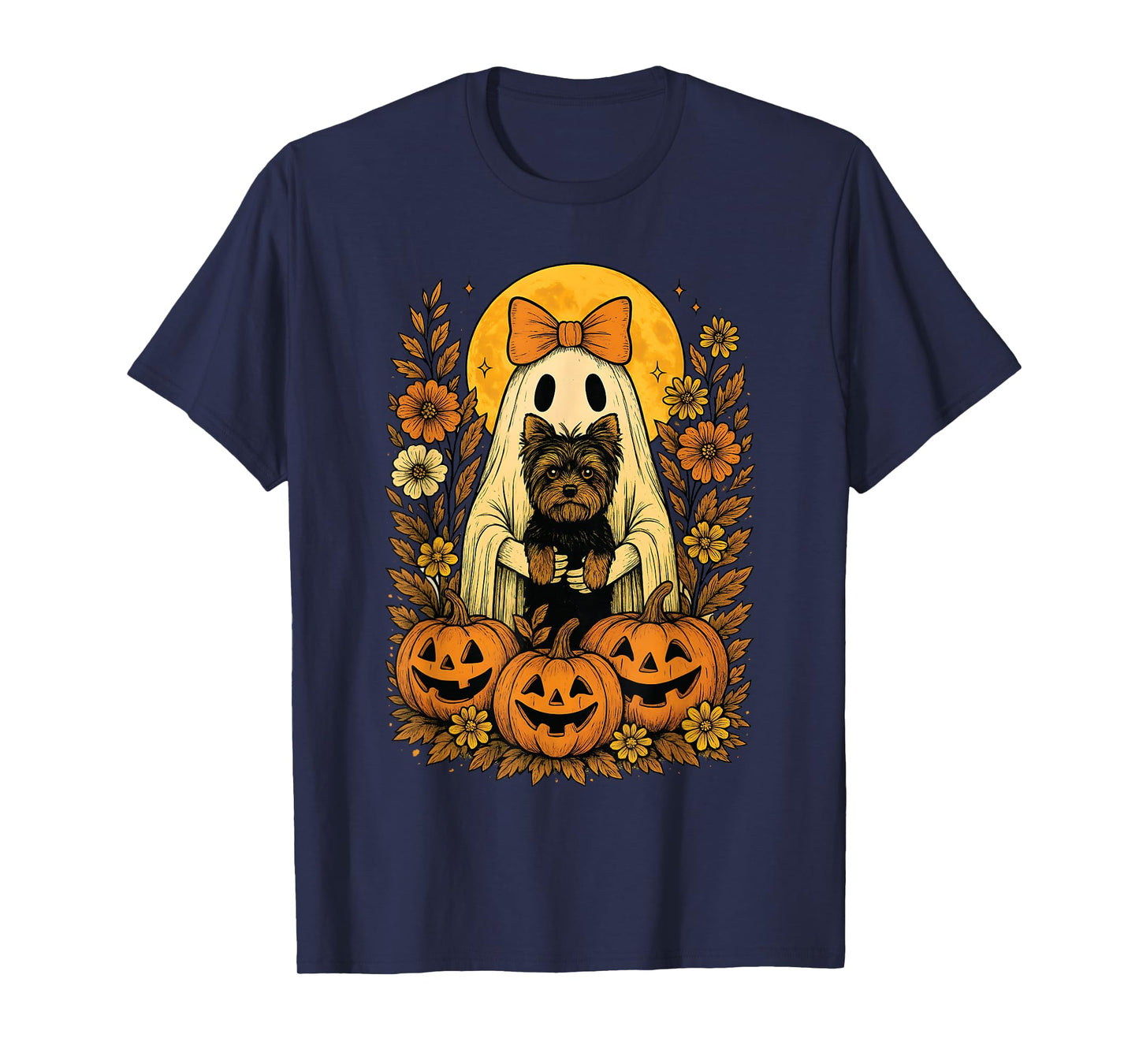 Floral Halloween Ghost Holding Yorkshire Terrier (Yorkie) T-Shirt