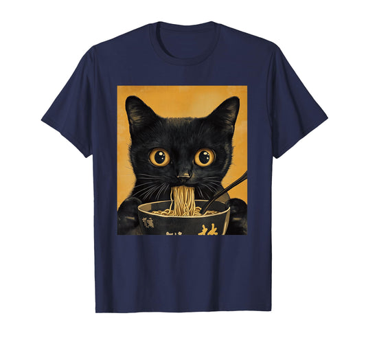 Funny Japanese Black Cat Eating Ramen Noodles T-Shirt